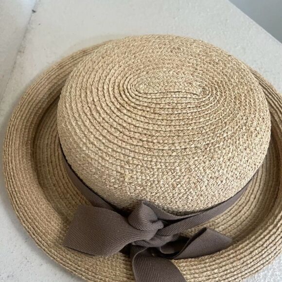 Vintage Helen Kaminski Raffia Straw Hat Rolled Brim Brown Bow hat block Like New - Picture 9 of 14